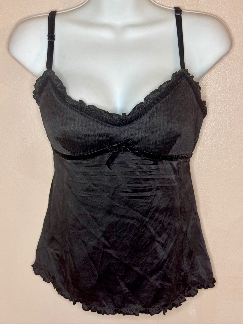 ♥️TOMMY HILFIGER♥️ SILK VELVET TRIM PLEATED RUFFLE BUST BOW SIDE ZIP CAMI TOP